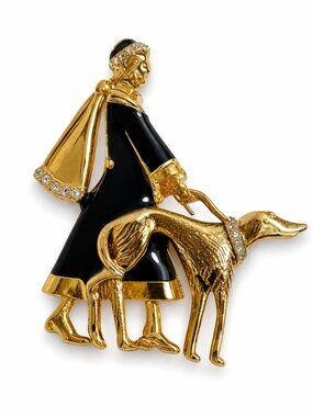 BR-05-Man Walking Dog Brooch Gold Tone Enamel Vintage Style